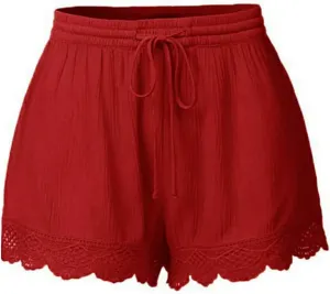 Shorts for Women Casual Elastic Waist Drawstring Yoga Lounge Shorts Comfy Stretch Lace Trim Summer Beach Linen Ruffle Shorts