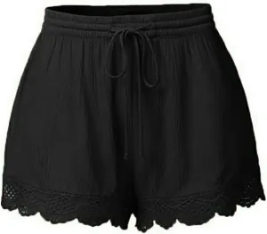 Shorts for Women Casual Elastic Waist Drawstring Yoga Lounge Shorts Comfy Stretch Lace Trim Summer Beach Linen Ruffle Shorts