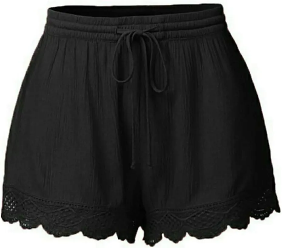Shorts for Women Casual Elastic Waist Drawstring Yoga Lounge Shorts Comfy Stretch Lace Trim Summer Beach Linen Ruffle Shorts