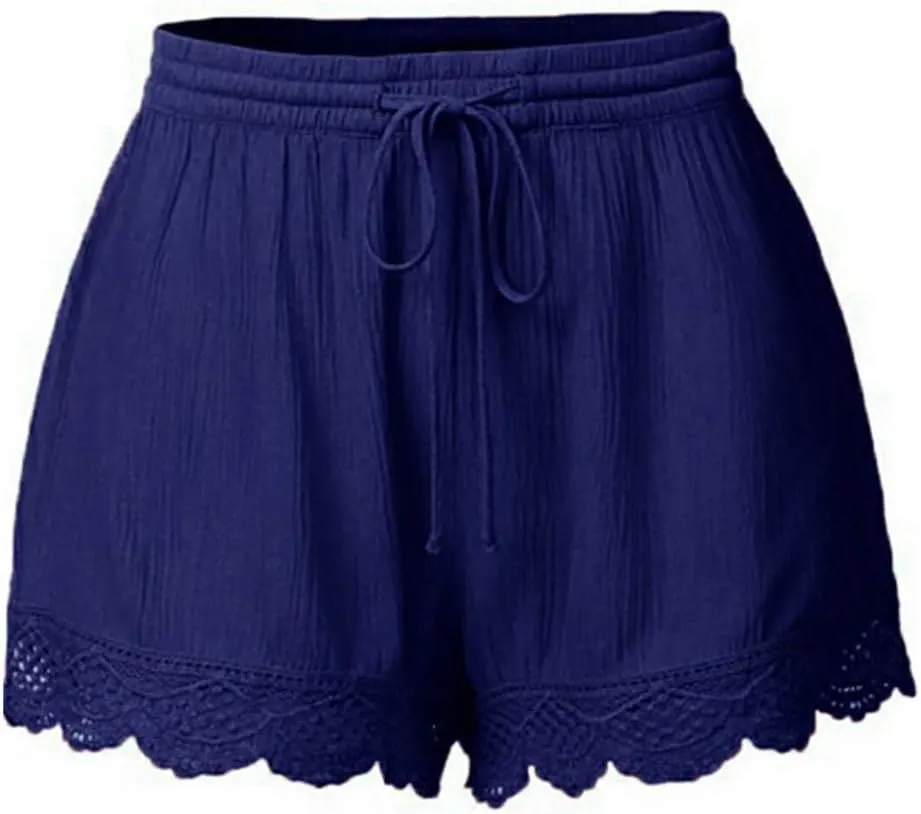 Shorts for Women Casual Elastic Waist Drawstring Yoga Lounge Shorts Comfy Stretch Lace Trim Summer Beach Linen Ruffle Shorts