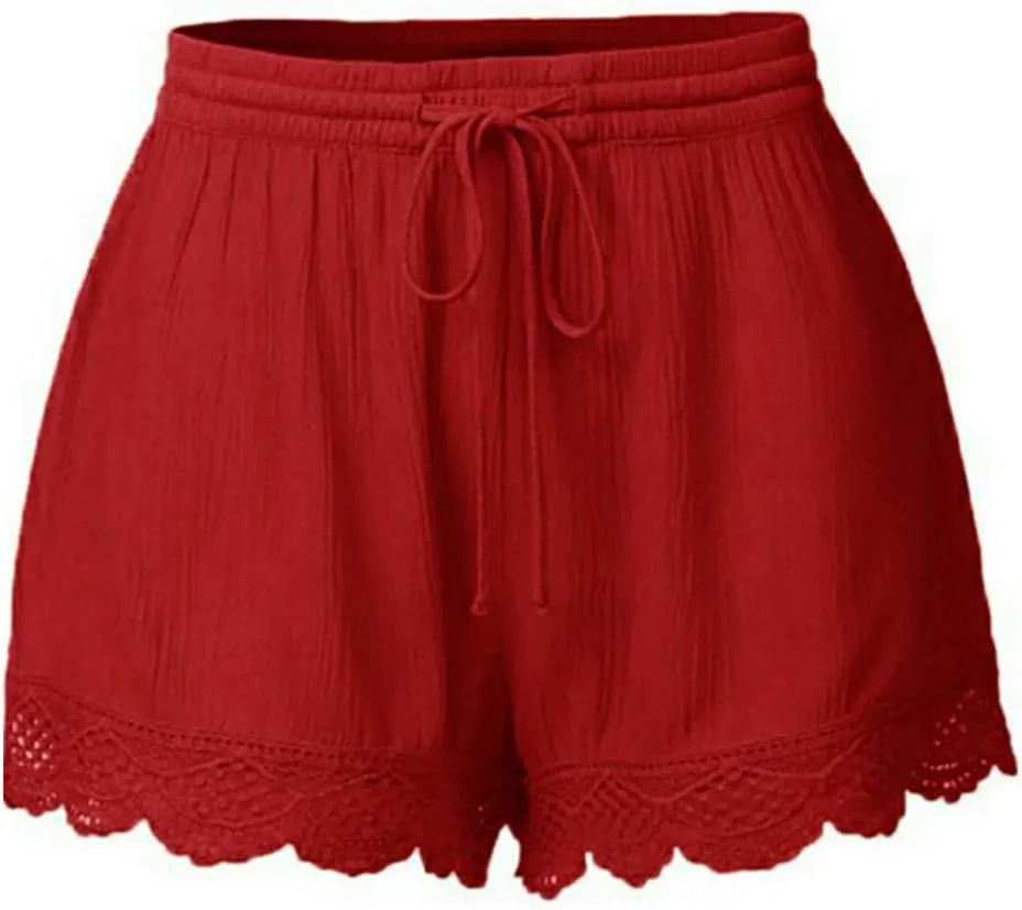 Shorts for Women Casual Elastic Waist Drawstring Yoga Lounge Shorts Comfy Stretch Lace Trim Summer Beach Linen Ruffle Shorts