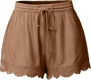 Shorts for Women Casual Elastic Waist Drawstring Yoga Lounge Shorts Comfy Stretch Lace Trim Summer Beach Linen Ruffle Shorts