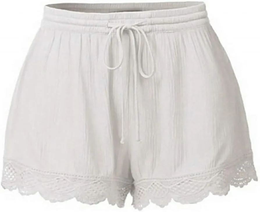 Shorts for Women Casual Elastic Waist Drawstring Yoga Lounge Shorts Comfy Stretch Lace Trim Summer Beach Linen Ruffle Shorts