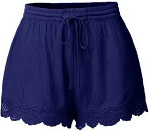 Shorts for Women Casual Elastic Waist Drawstring Yoga Lounge Shorts Comfy Stretch Lace Trim Summer Beach Linen Ruffle Shorts
