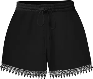 Shorts for Women High Waisted Trendy Drawstring Lace Trim Beach Shorts Loose Fit Lightweight Comfy Cute Casual Shorts