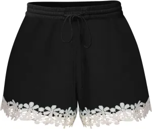 Shorts for Women High Waisted Trendy Drawstring Lace Trim Beach Shorts Loose Fit Lightweight Comfy Cute Casual Shorts