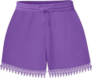 Shorts for Women High Waisted Trendy Drawstring Lace Trim Beach Shorts Loose Fit Lightweight Comfy Cute Casual Shorts