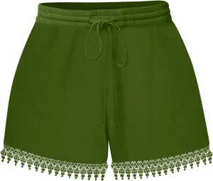 Shorts for Women High Waisted Trendy Drawstring Lace Trim Beach Shorts Loose Fit Lightweight Comfy Cute Casual Shorts