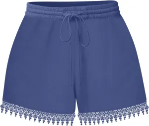 Shorts for Women High Waisted Trendy Drawstring Lace Trim Beach Shorts Loose Fit Lightweight Comfy Cute Casual Shorts