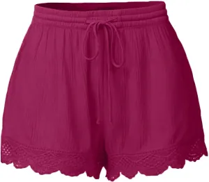 Shorts for Women Trendy Casual Stretch Lace Trim Summer Beach Ruffle Shorts Plus Size Elastic Waist Yoga Lounge Shorts