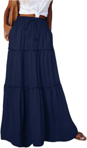 Silk Maxi Skirts for Women Long Tiered Elastic High Waisted Skirts Drawstring Pleated Dance Flowy Skirt with Pockets