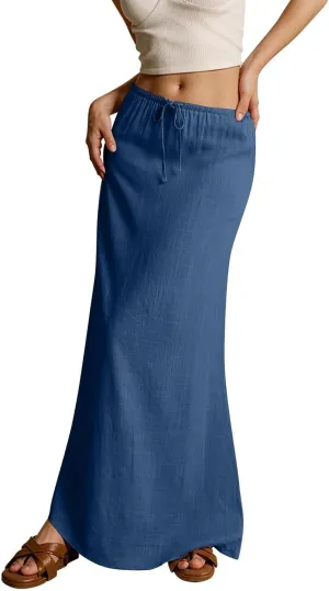Skirt for Women Comfy Drawstring Low Rise Long Flowy Skirts Plus Size Womens Linen Maxi Skirt with Slit Summer