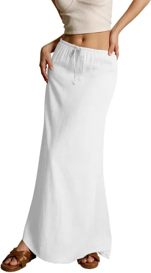 Skirt for Women Comfy Drawstring Low Rise Long Flowy Skirts Plus Size Womens Linen Maxi Skirt with Slit Summer