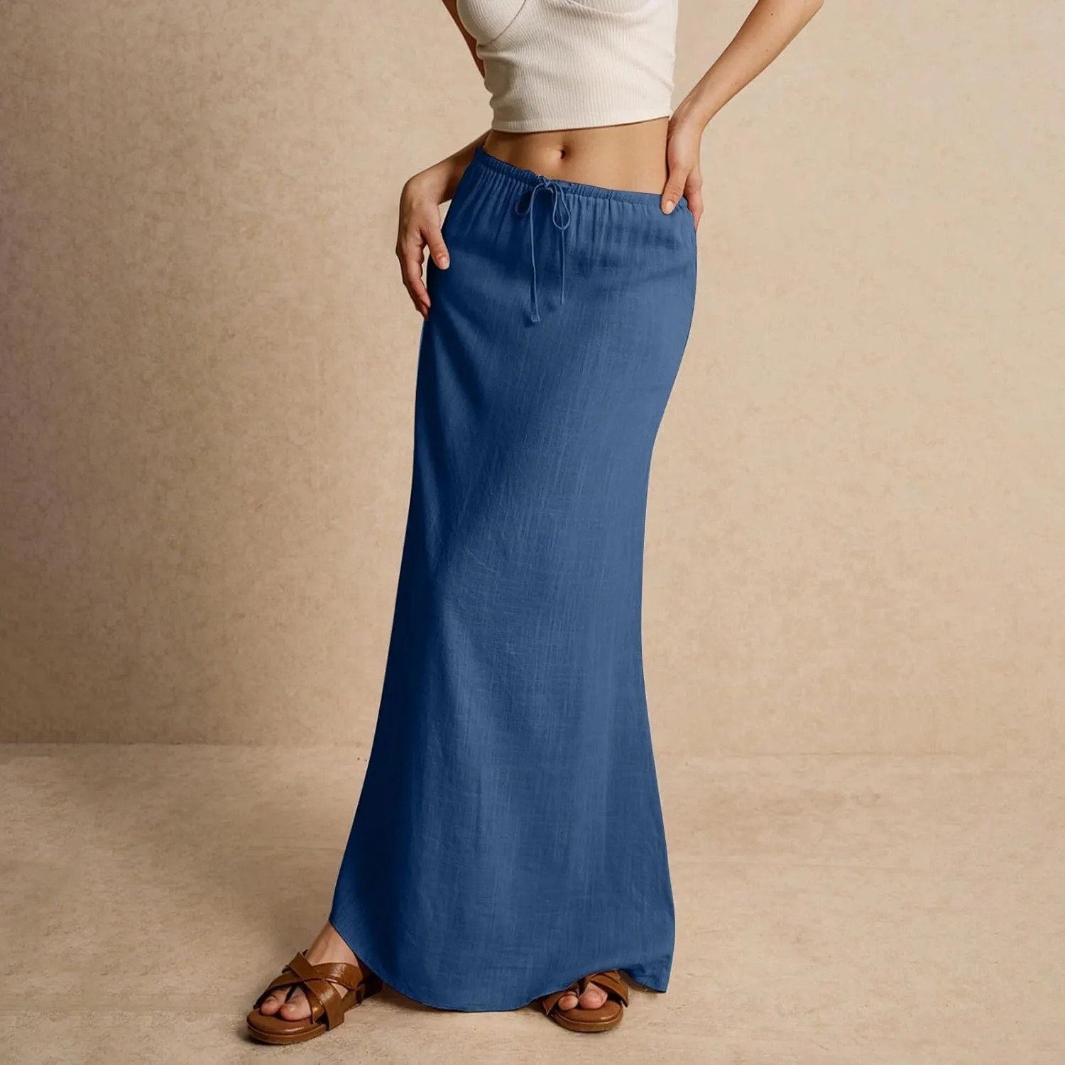Skirt for Women Comfy Drawstring Low Rise Long Flowy Skirts Plus Size Womens Linen Maxi Skirt with Slit Summer