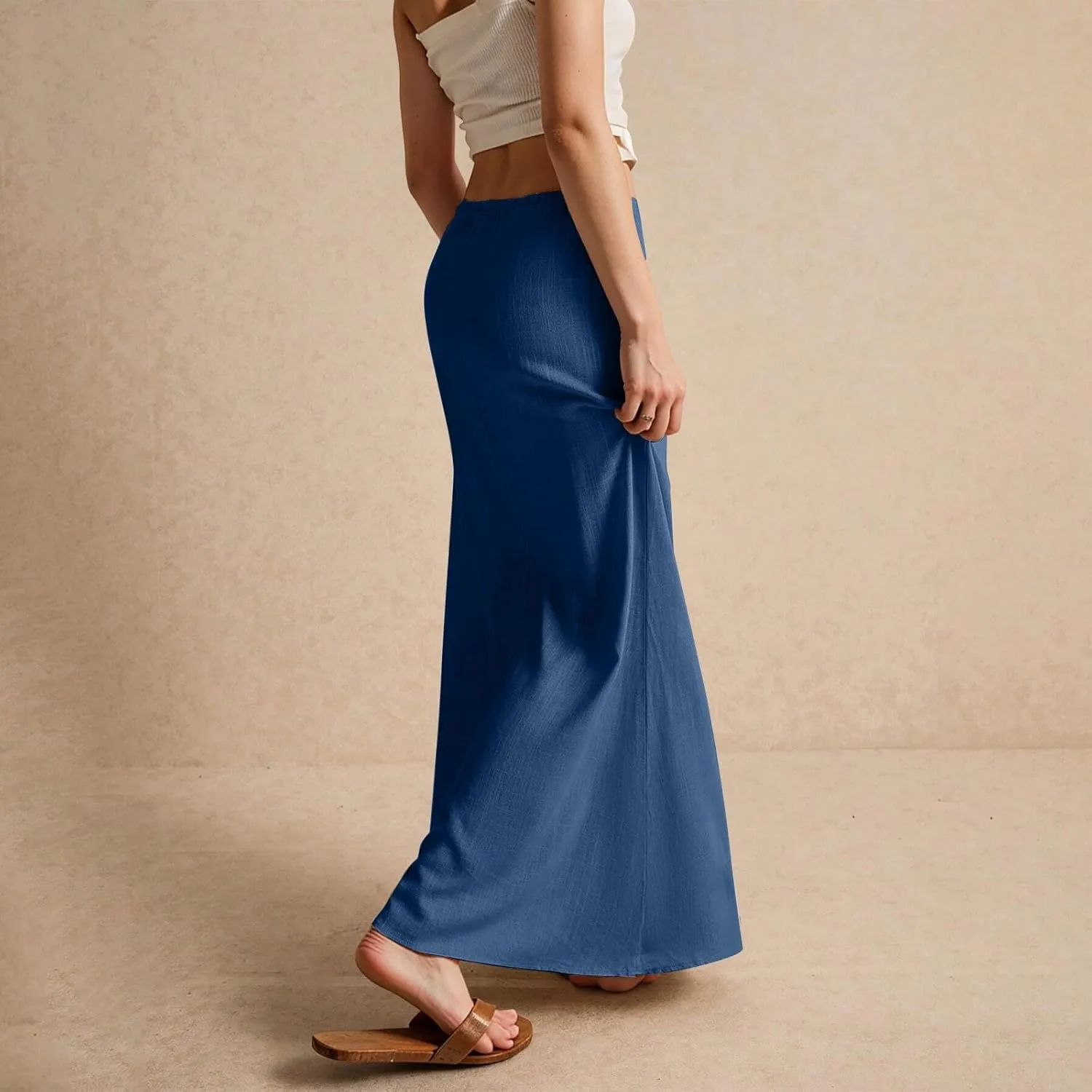 Skirt for Women Comfy Drawstring Low Rise Long Flowy Skirts Plus Size Womens Linen Maxi Skirt with Slit Summer