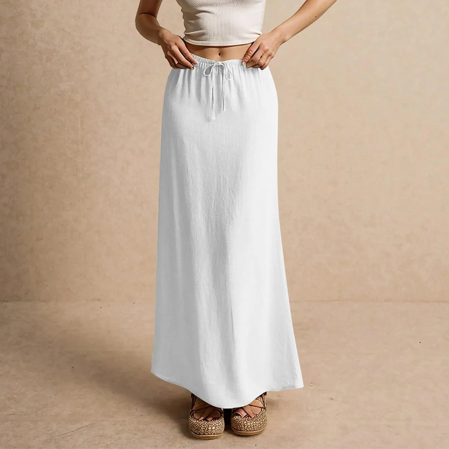 Skirt for Women Comfy Drawstring Low Rise Long Flowy Skirts Plus Size Womens Linen Maxi Skirt with Slit Summer