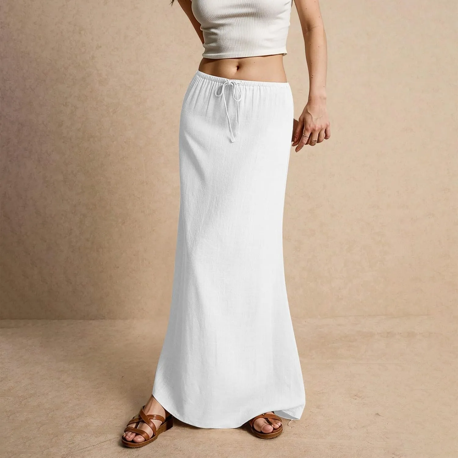 Skirt for Women Comfy Drawstring Low Rise Long Flowy Skirts Plus Size Womens Linen Maxi Skirt with Slit Summer
