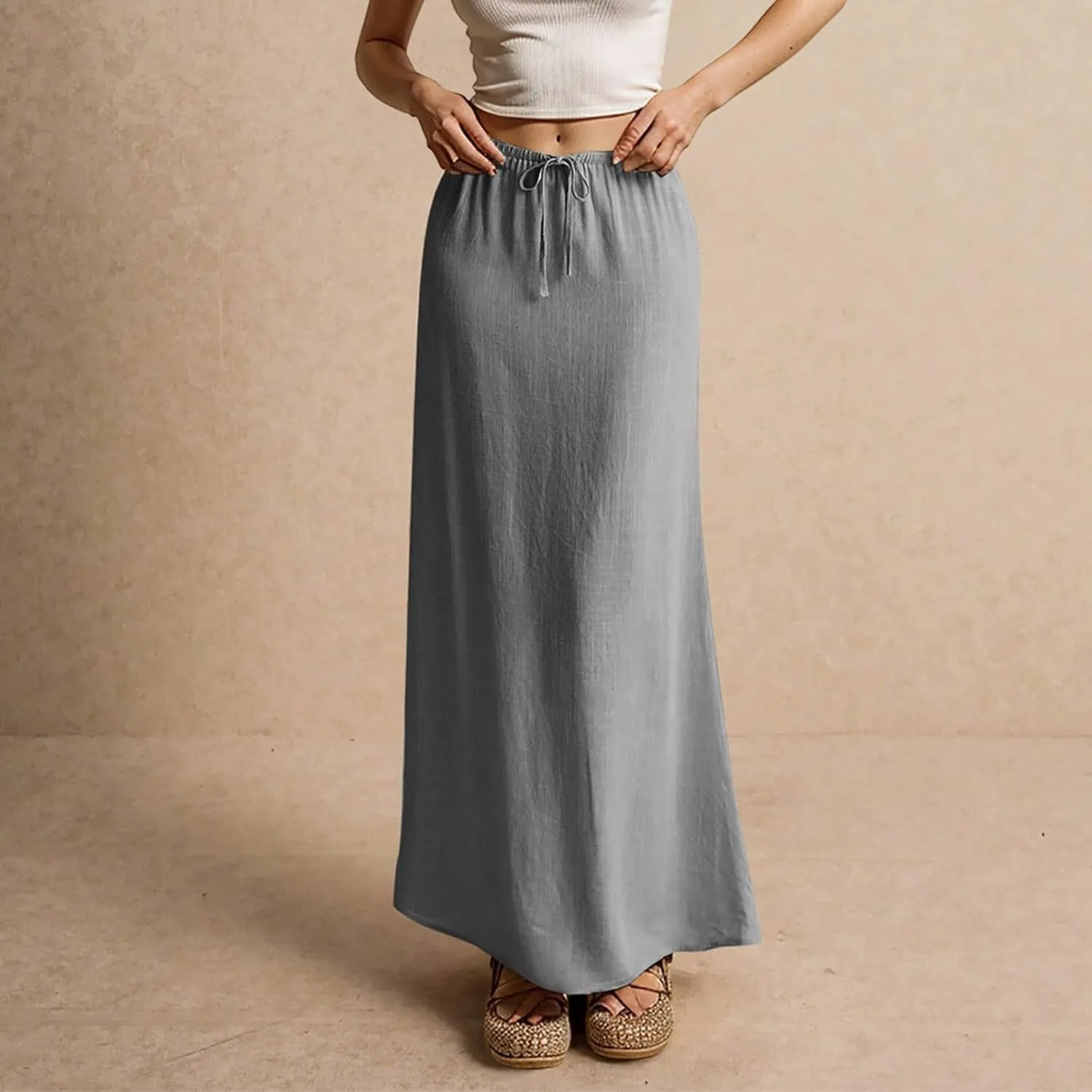 Skirt for Women Long Flowy Skirts Comfy Drawstring Low Rise Womens Linen Maxi Skirt with Slit Summer Plus Size