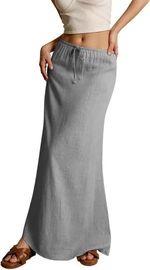Skirt for Women Long Flowy Skirts Comfy Drawstring Low Rise Womens Linen Maxi Skirt with Slit Summer Plus Size