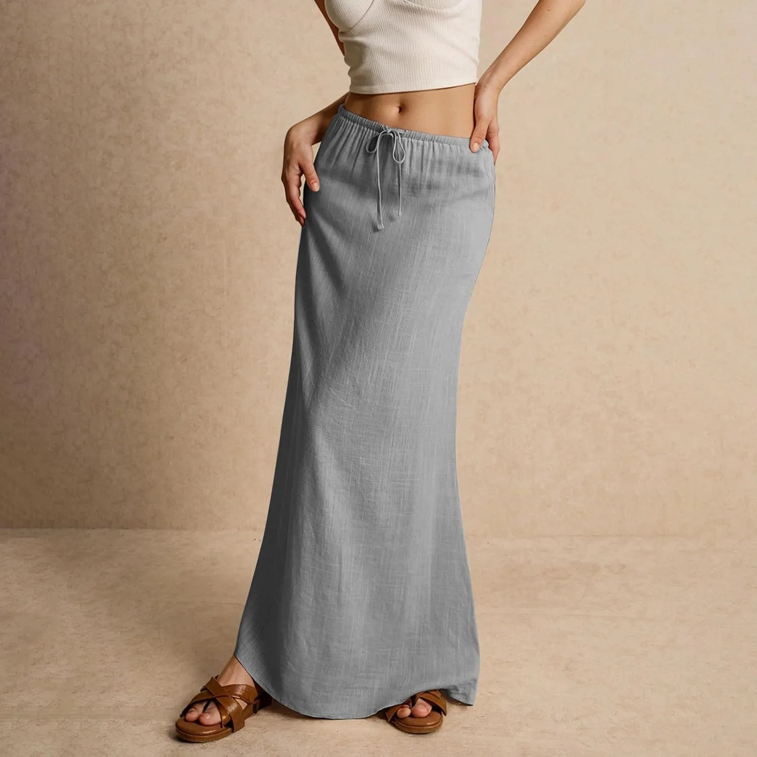 Skirt for Women Long Flowy Skirts Comfy Drawstring Low Rise Womens Linen Maxi Skirt with Slit Summer Plus Size