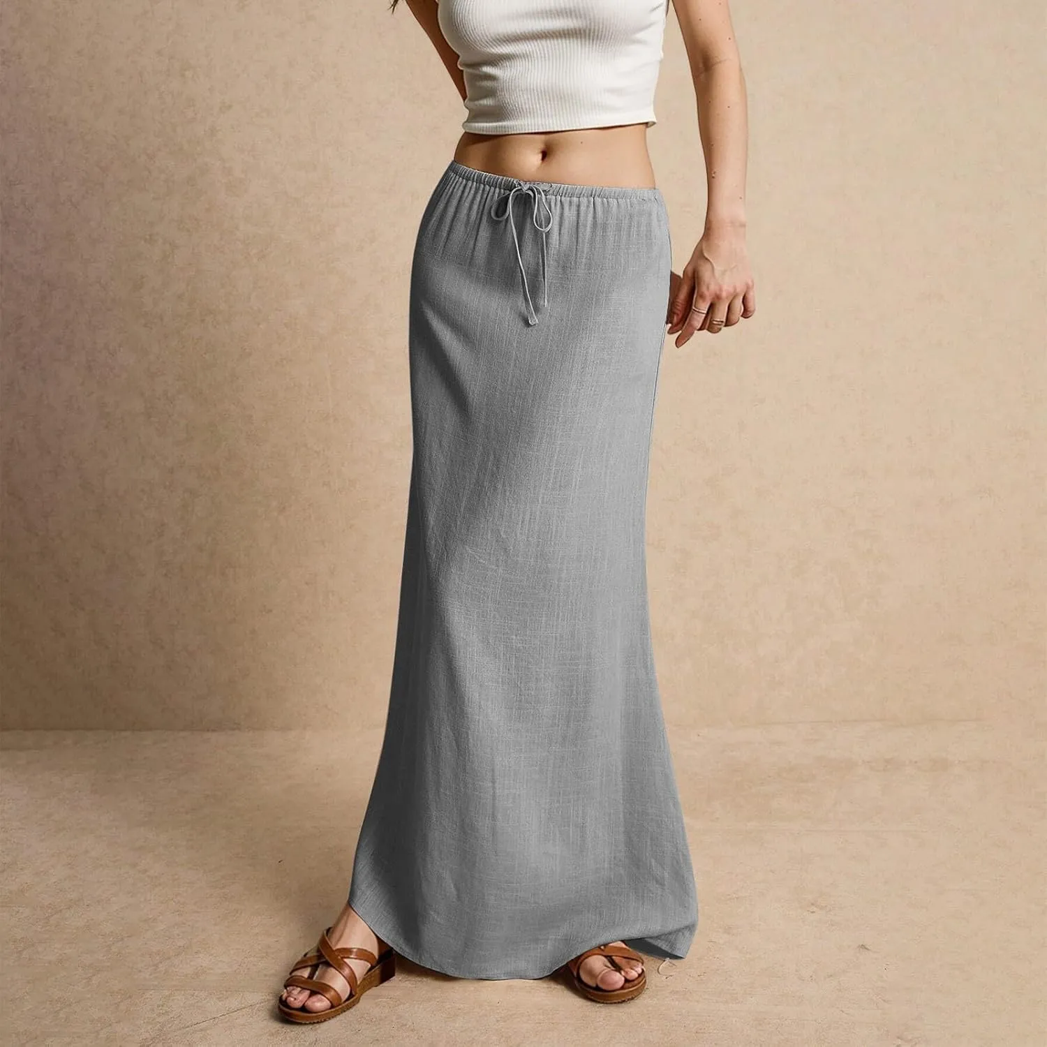Skirt for Women Long Flowy Skirts Comfy Drawstring Low Rise Womens Linen Maxi Skirt with Slit Summer Plus Size