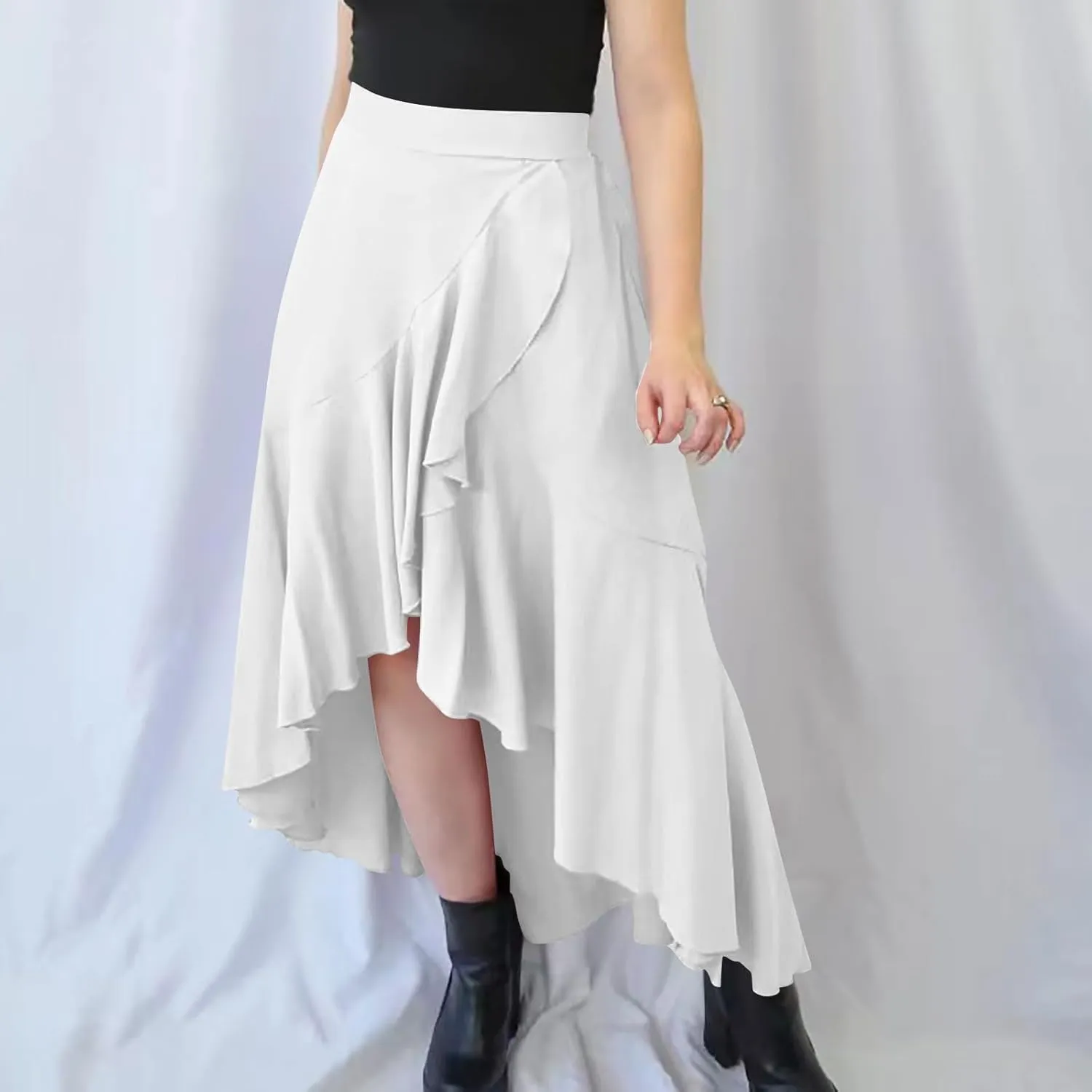 Skirts for Women High Waist Front Asymmetrical Ruffle Skirt Streetwear Flowy Tiered A-Line Pleated Ice Silk Skirts