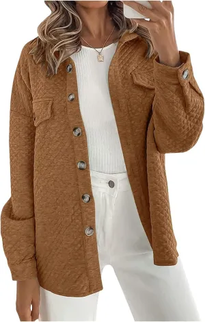 Smoneyful Womens Quilted Lightweight Jackets Casual Long Sleeve Shirts Button Down Loose Fit Coat Lapel Fall Jackets Outwear