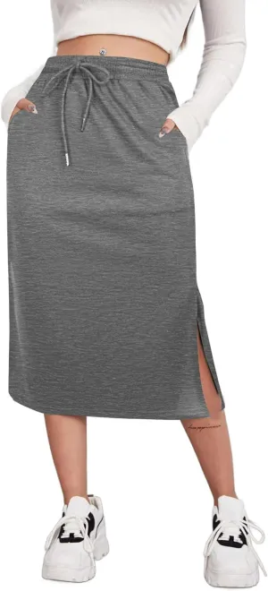 SOFIA'S CHOICE Women's Midi Skirt Drawstring High Waist Slit Skirts with Pockets