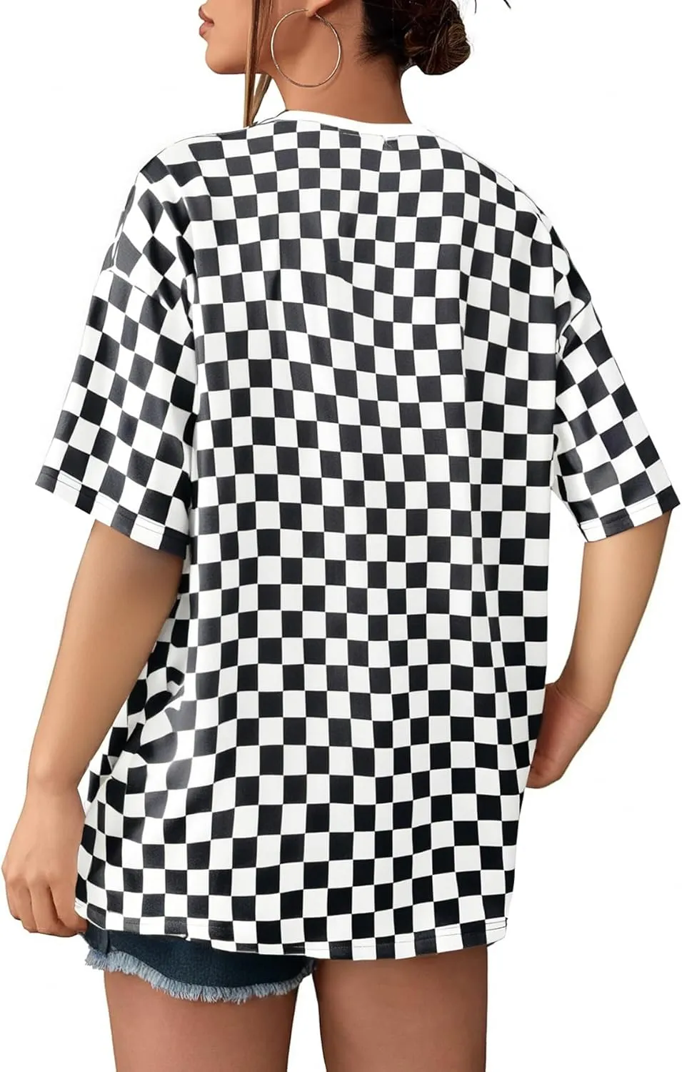 SOLY HUX Women's Checkered Shirts Oversized T Shirts Casual Trendy Short Sleeve Crew Neck Tee Tops