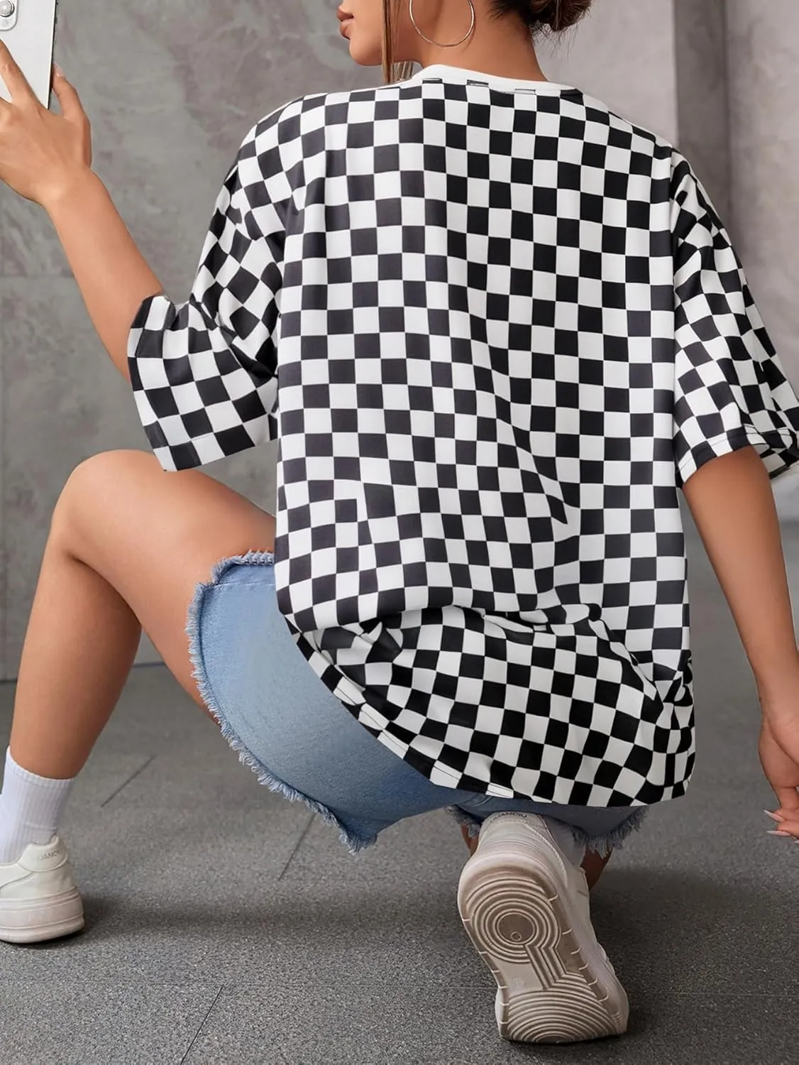SOLY HUX Women's Checkered Shirts Oversized T Shirts Casual Trendy Short Sleeve Crew Neck Tee Tops