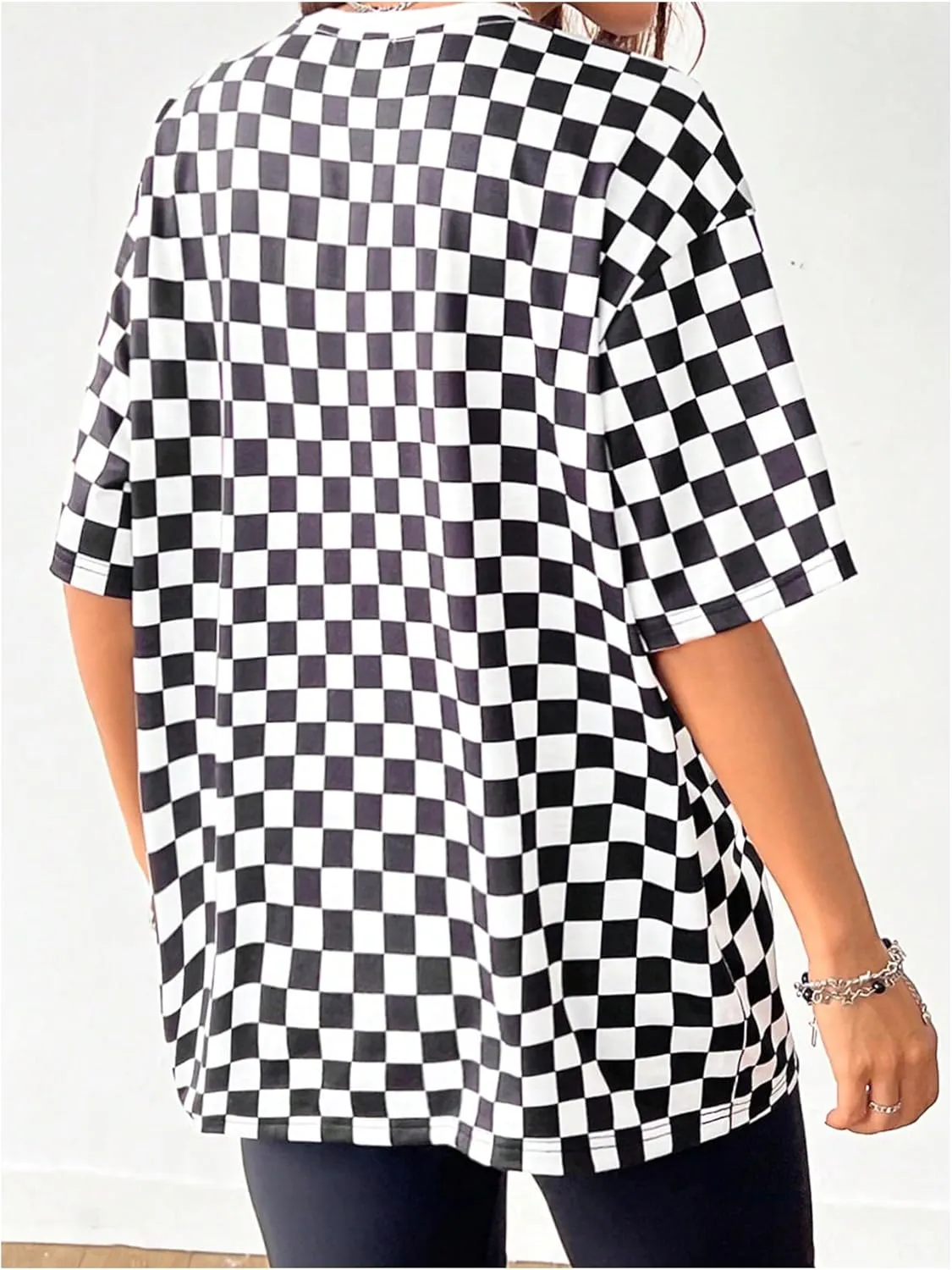 SOLY HUX Women's Checkered Shirts Oversized T Shirts Casual Trendy Short Sleeve Crew Neck Tee Tops
