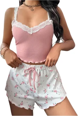 SOLY HUX Women's Lace Trim Pajamas Camisole Top Floral Shorts PJ Set Loungewear 2 Piece Sleepwear