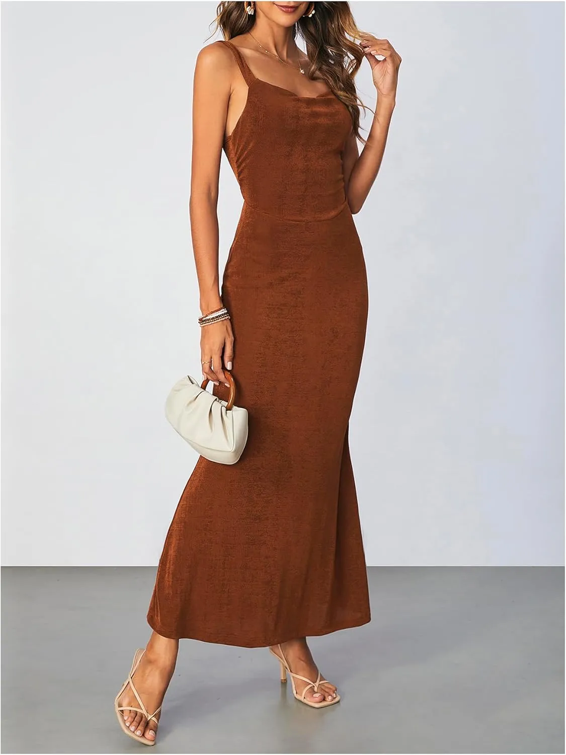 SOLY HUX Women's Open Back Cowl Neck Bodycon Maxi Dresses Sleeveless Tie Backless Cami Party Long Dress