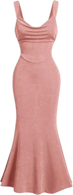 SOLY HUX Women's Open Back Cowl Neck Bodycon Maxi Dresses Sleeveless Tie Backless Cami Party Long Dress
