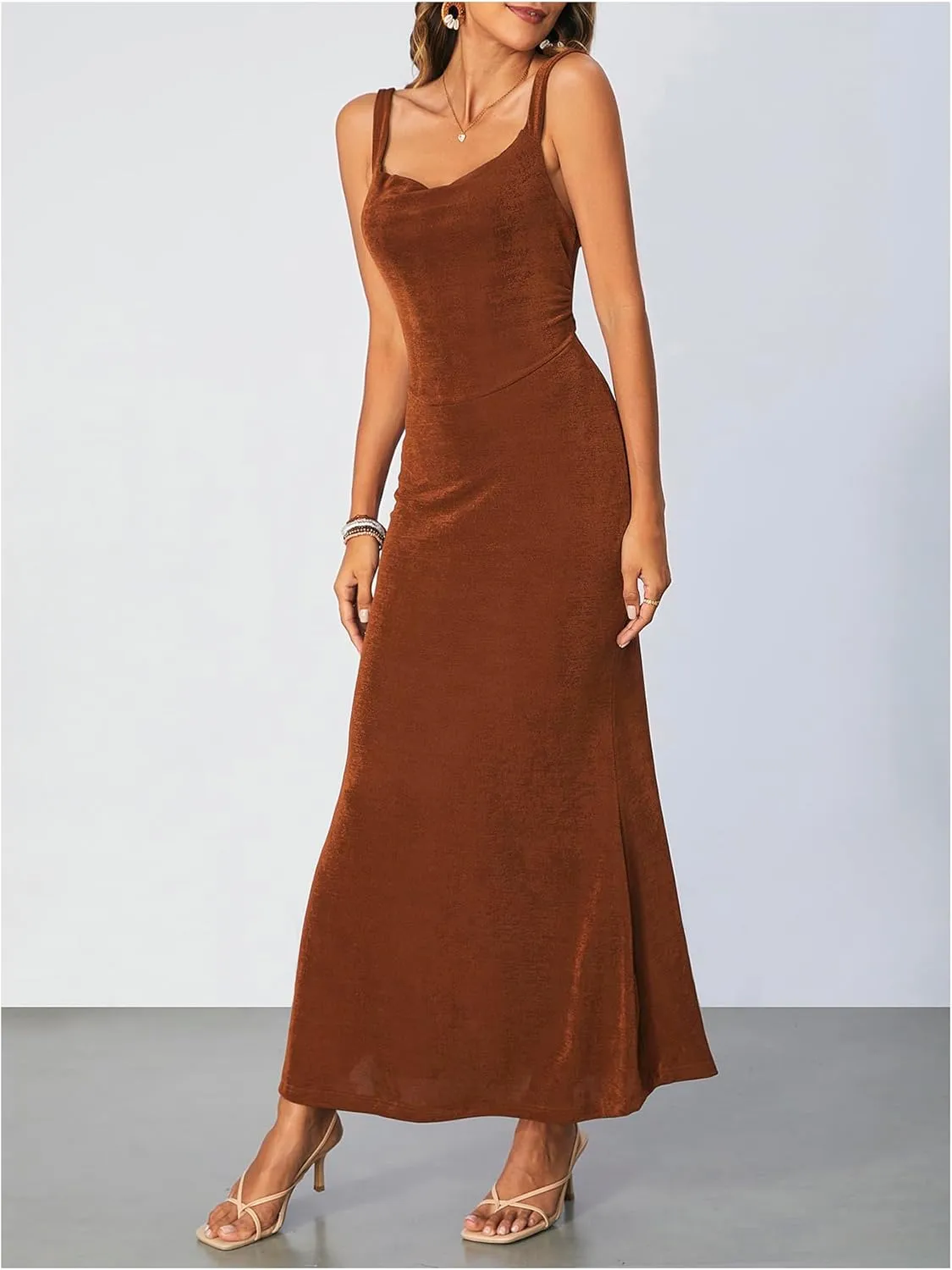 SOLY HUX Women's Open Back Cowl Neck Bodycon Maxi Dresses Sleeveless Tie Backless Cami Party Long Dress