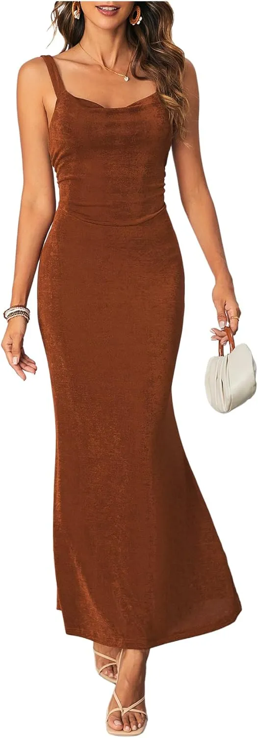 SOLY HUX Women's Open Back Cowl Neck Bodycon Maxi Dresses Sleeveless Tie Backless Cami Party Long Dress