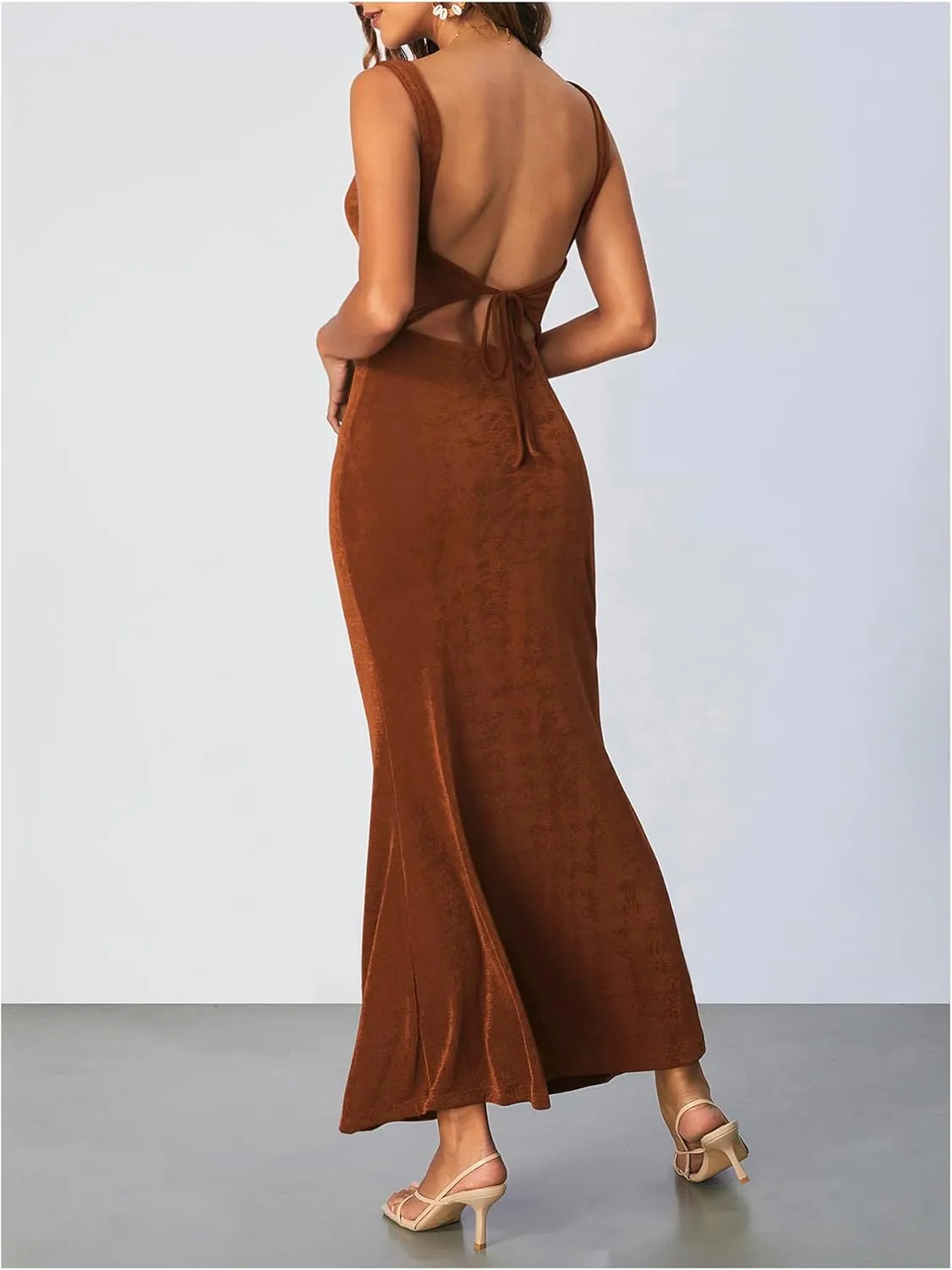 SOLY HUX Women's Open Back Cowl Neck Bodycon Maxi Dresses Sleeveless Tie Backless Cami Party Long Dress