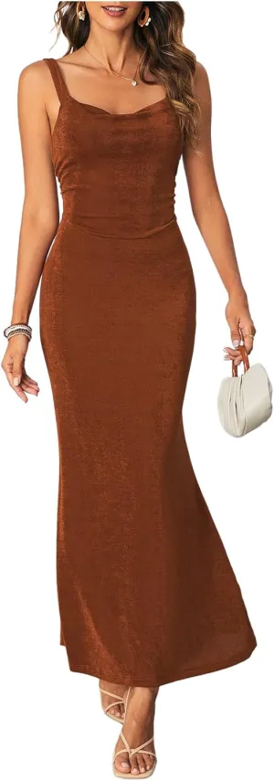 SOLY HUX Women's Open Back Cowl Neck Bodycon Maxi Dresses Sleeveless Tie Backless Cami Party Long Dress