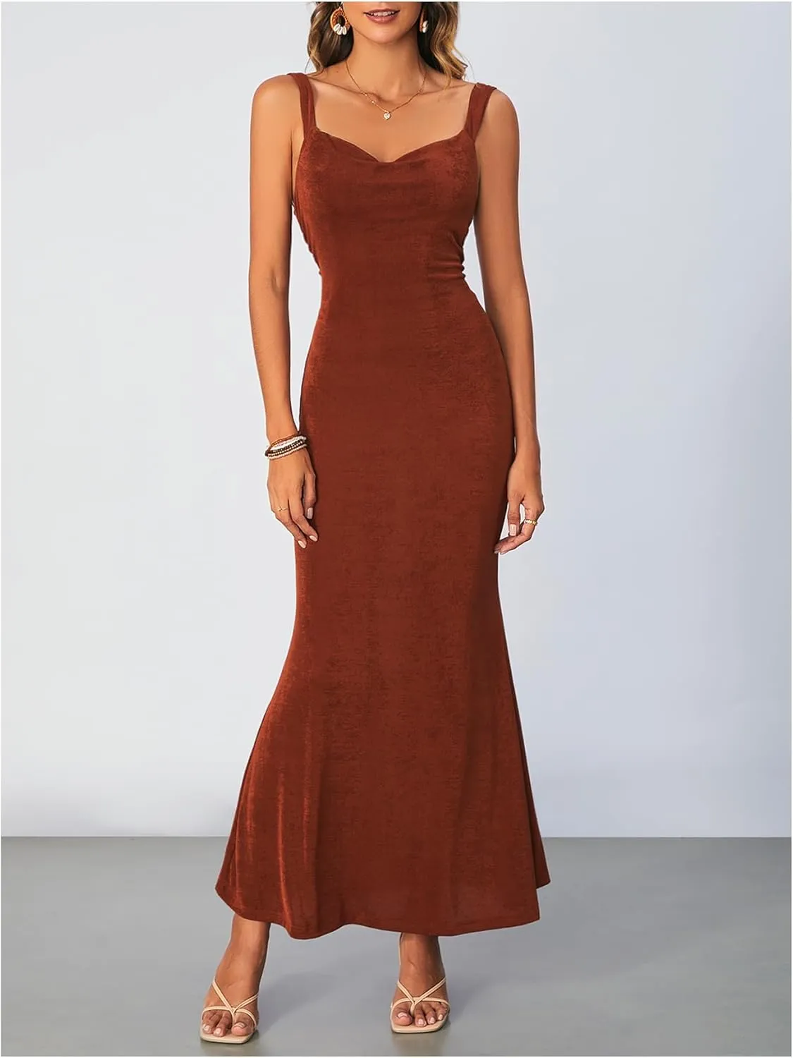 SOLY HUX Women's Open Back Cowl Neck Bodycon Maxi Dresses Sleeveless Tie Backless Cami Party Long Dress