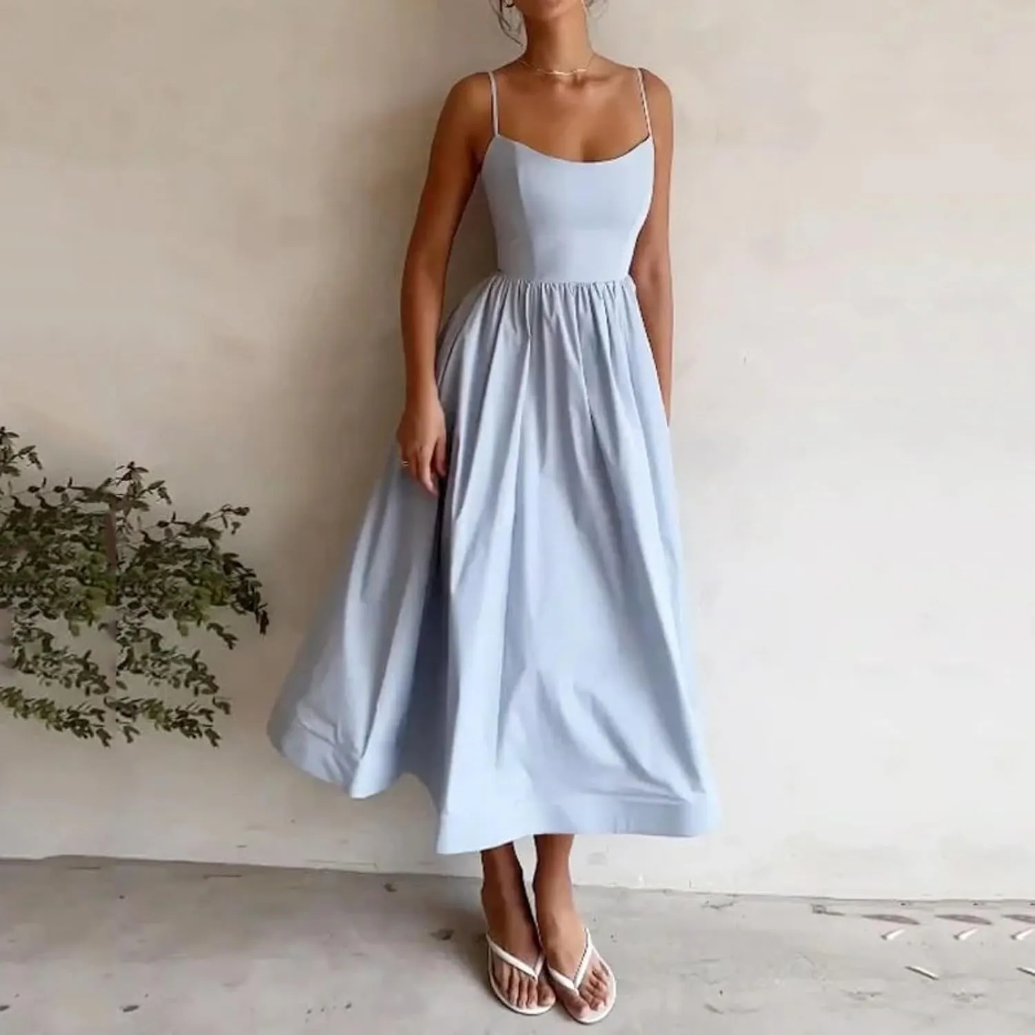 Spaghetti Strap Dresses for Women Square Neck Corset Dress Backless Flowy A Line Casual Summer Long Midi Sundress