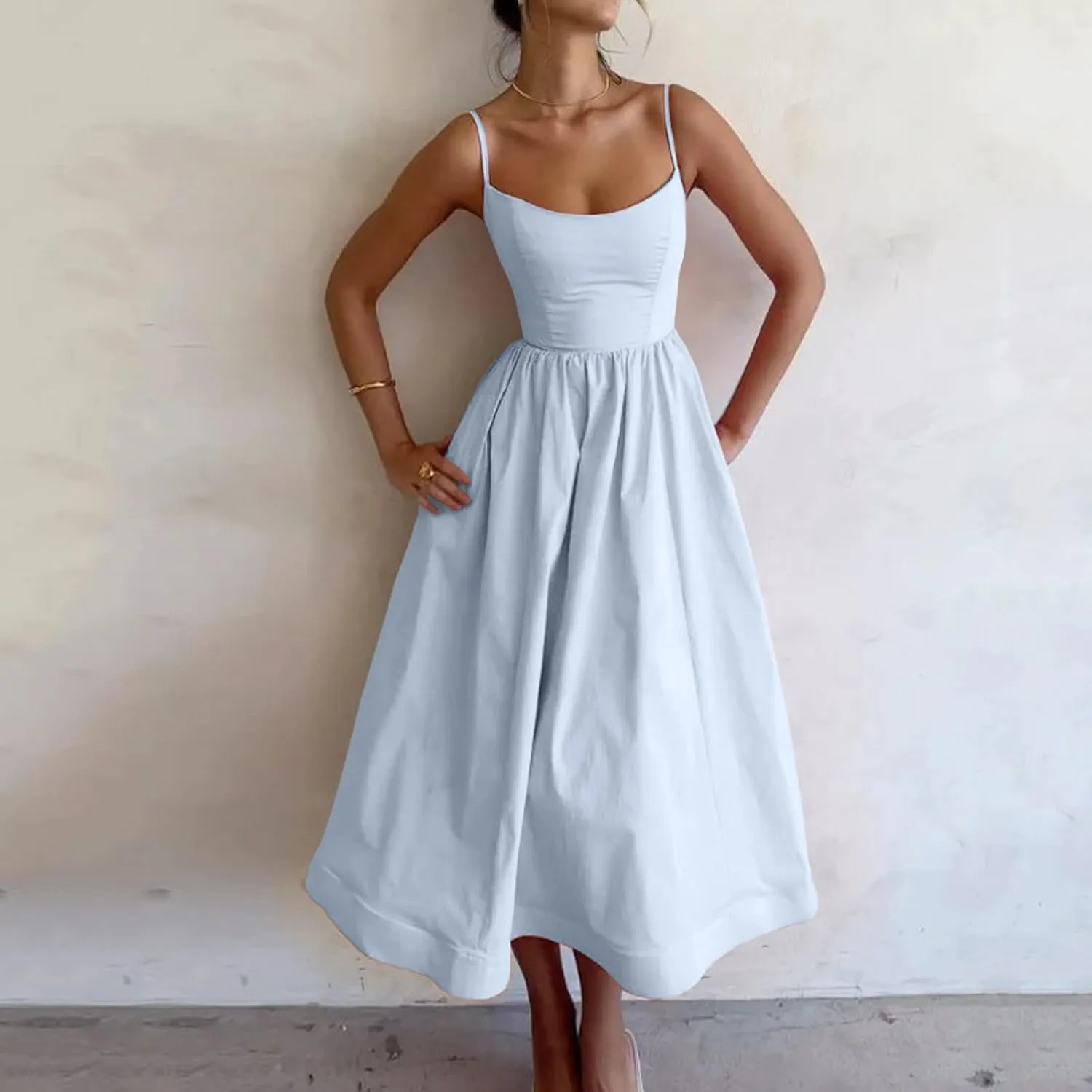 Spaghetti Strap Dresses for Women Square Neck Corset Dress Backless Flowy A Line Casual Summer Long Midi Sundress