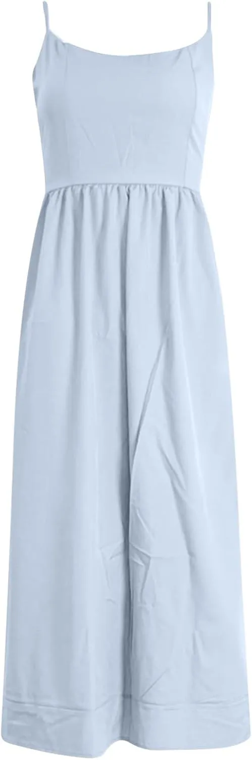 Spaghetti Strap Dresses for Women Square Neck Corset Dress Backless Flowy A Line Casual Summer Long Midi Sundress