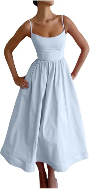 Spaghetti Strap Dresses for Women Square Neck Corset Dress Backless Flowy A Line Casual Summer Long Midi Sundress