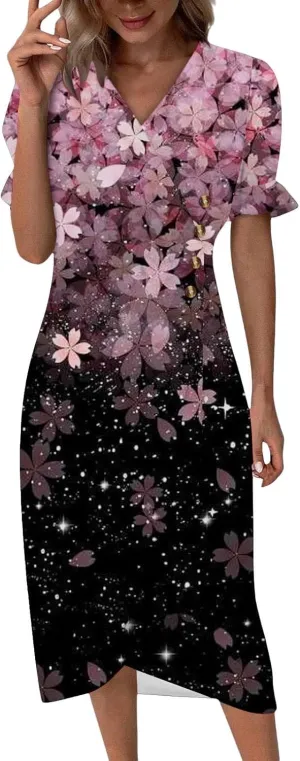 Summer Beach Dress Casual Sleeveless V Neck Boho Floral Maxi Sundress with Pockets Tiered Ruffle Elastic Waist Pink-b