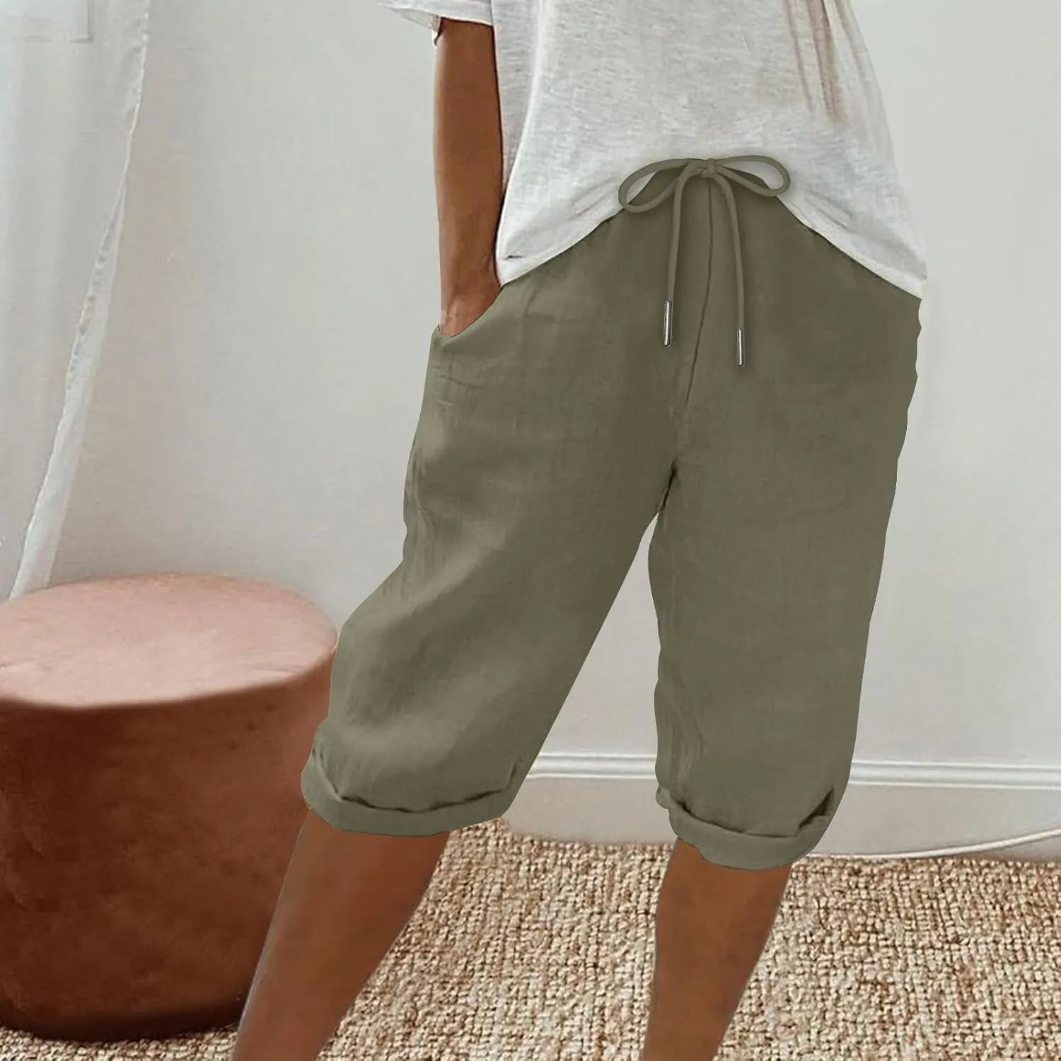 Summer Cotton Linen Pants Women Elastic High Waisted Bermuda Shorts for Women Knee Length Casual Capris Pant Shorts
