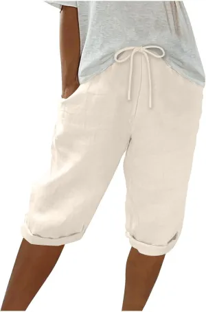 Summer Cotton Linen Pants Women Elastic High Waisted Bermuda Shorts for Women Knee Length Casual Capris Pant Shorts