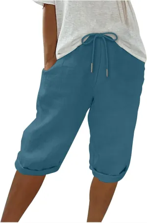 Summer Cotton Linen Pants Women Elastic High Waisted Bermuda Shorts for Women Knee Length Casual Capris Pant Shorts