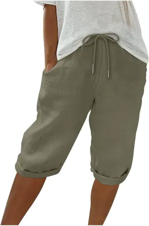 Summer Cotton Linen Pants Women Elastic High Waisted Bermuda Shorts for Women Knee Length Casual Capris Pant Shorts