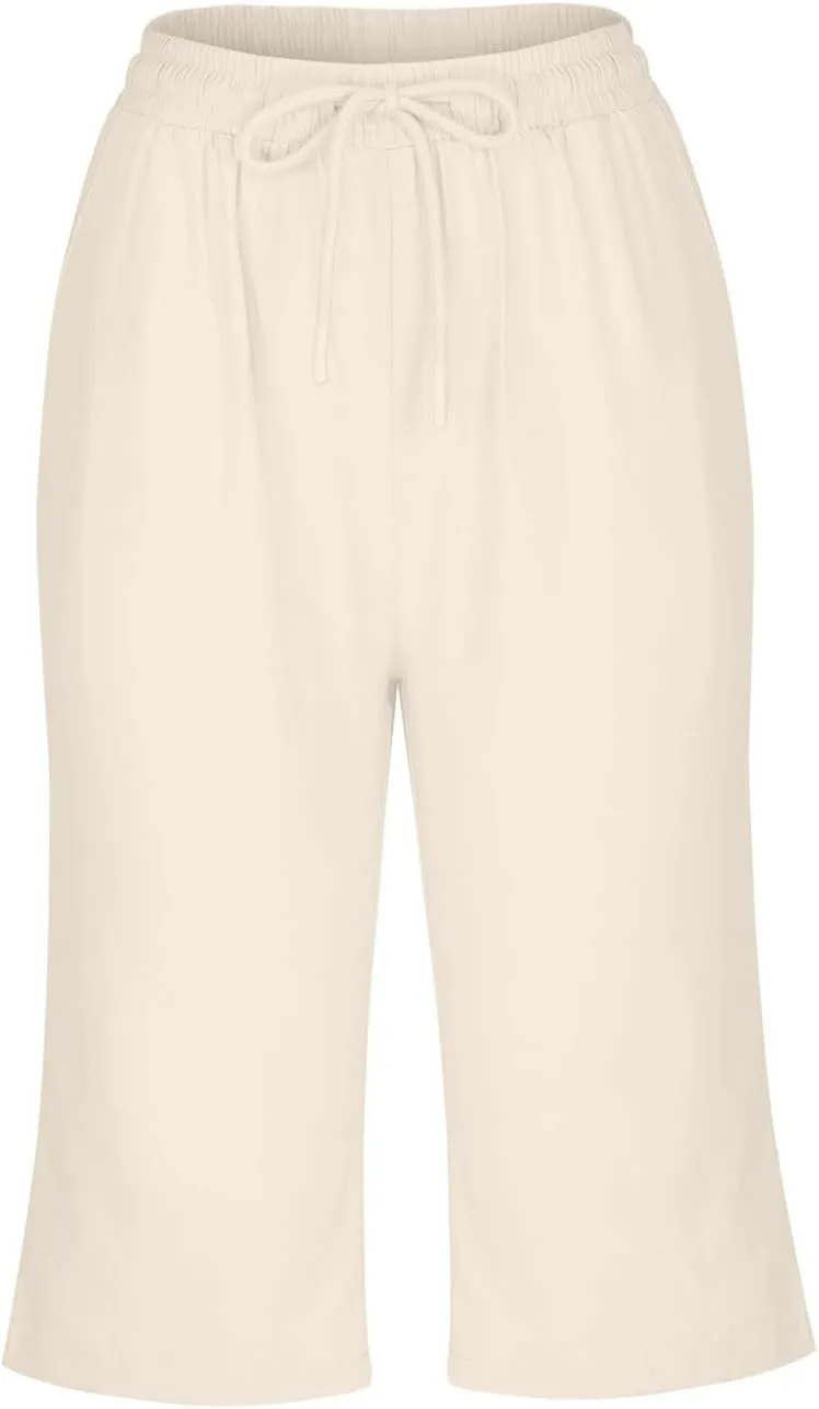 Summer Cotton Linen Pants Women Elastic High Waisted Bermuda Shorts for Women Knee Length Casual Capris Pant Shorts