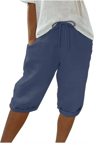 Summer Cotton Linen Pants Women Elastic High Waisted Bermuda Shorts for Women Knee Length Casual Capris Pant Shorts